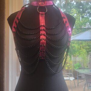 NWOT Leather Chain Chest Harness Bra Hot Pink Black Chains